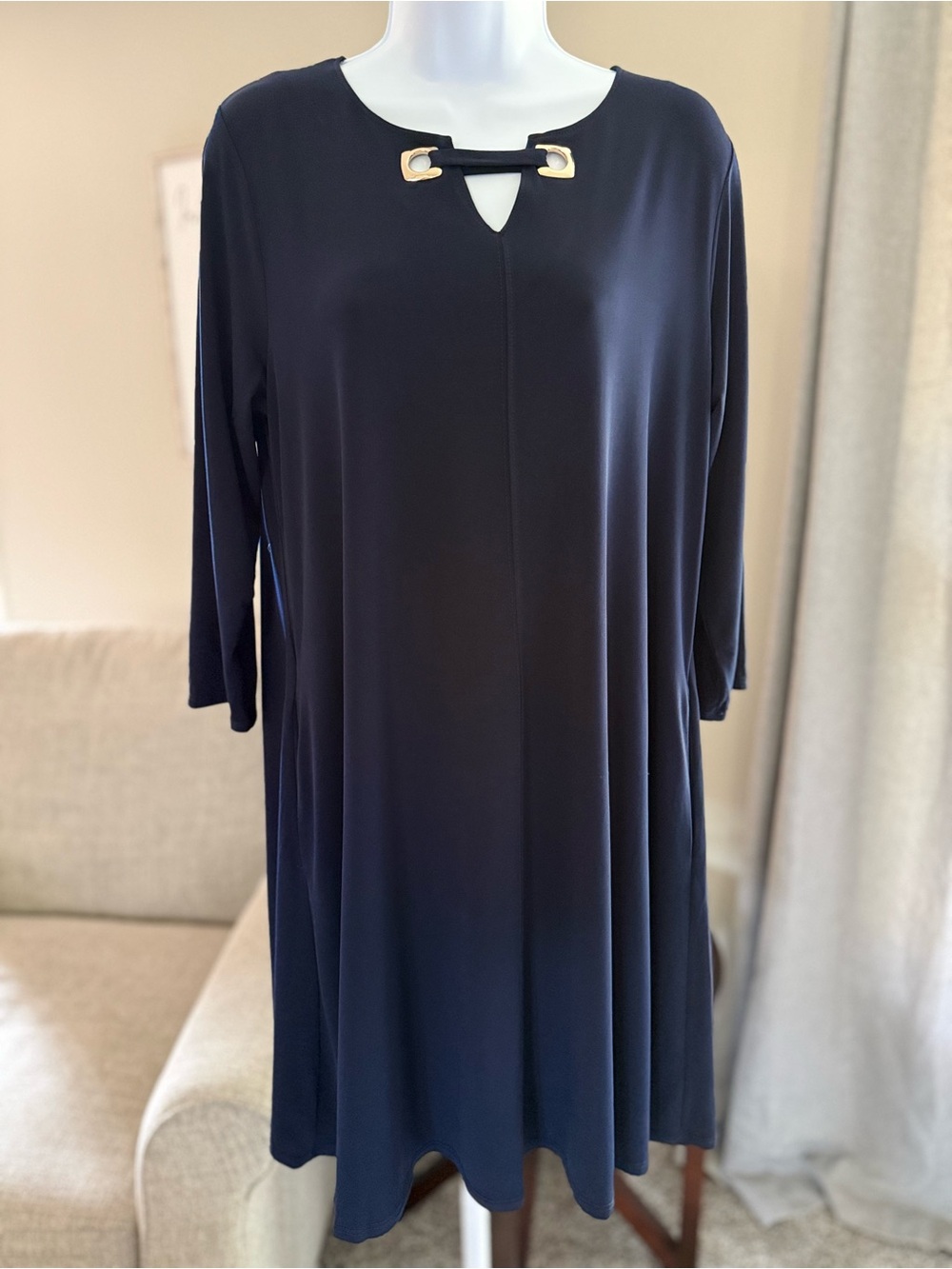 Women's Navy Long-Sleeve Shift Dress with Gold Accent & POCKETS!